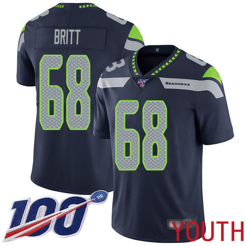 Seattle Seahawks Limited Navy Blue Youth Justin Britt Home Jersey NFL Football 68 100th Season Vapor Untouchable